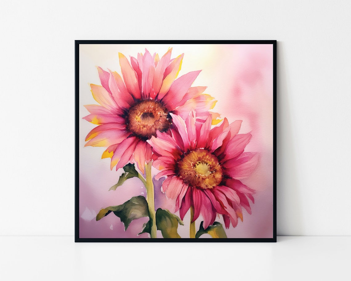 Pink Sunflowers Watercolor Pair Soft Floral Blossom Art Poster