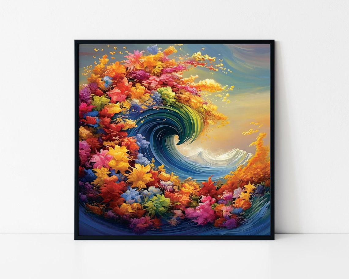 Multicolor Floral Ocean Wave Explosion Vibrant Surf Art Poster