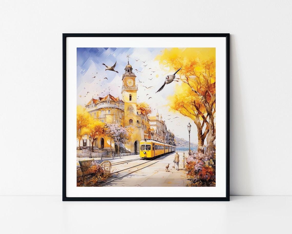 Watercolor European City With Yellow Tram And Seagulls Travel Poster