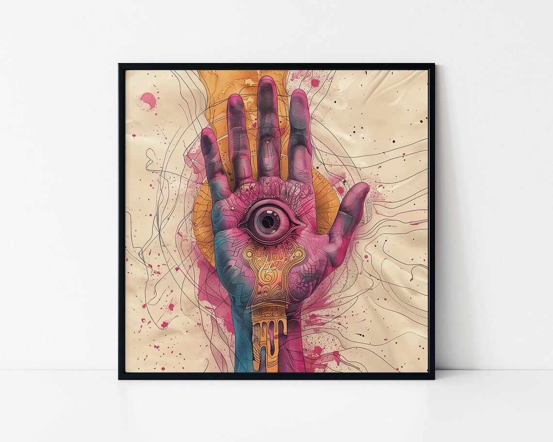 Minimalist Hand With Eye Surreal Pink Watercolor Mystic Poster