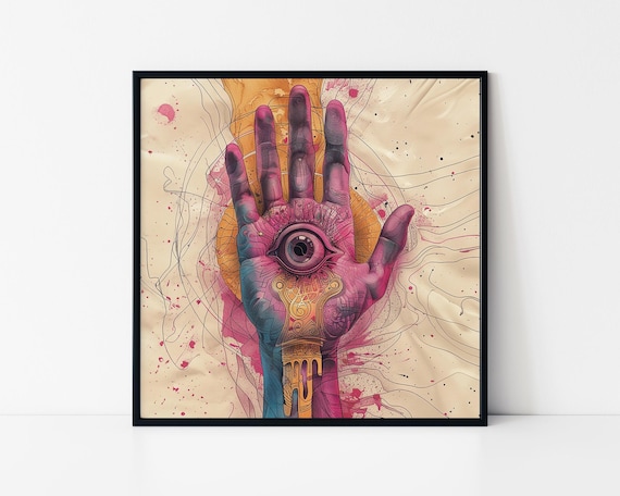 Minimalist Hand With Eye Surreal Pink Watercolor Mystic Poster