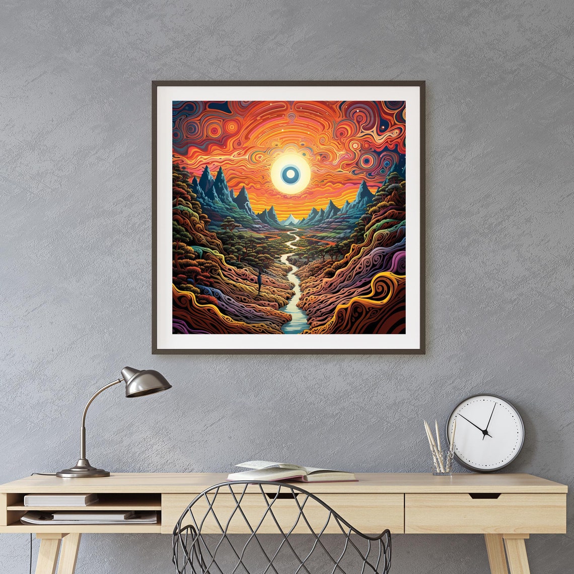 Vibrant Psychedelic Sunset Valley Spiral Sky Mountain Poster - Image 2