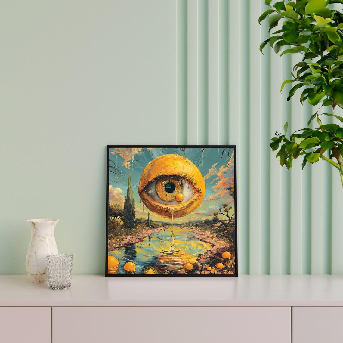 Surreal Lemon Eye Crying Over River Dreamlike Landscape Art Poster - Image 3