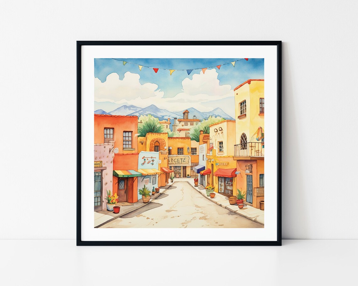 Santa Fe Watercolor Illustration, New Mexico Art Print
