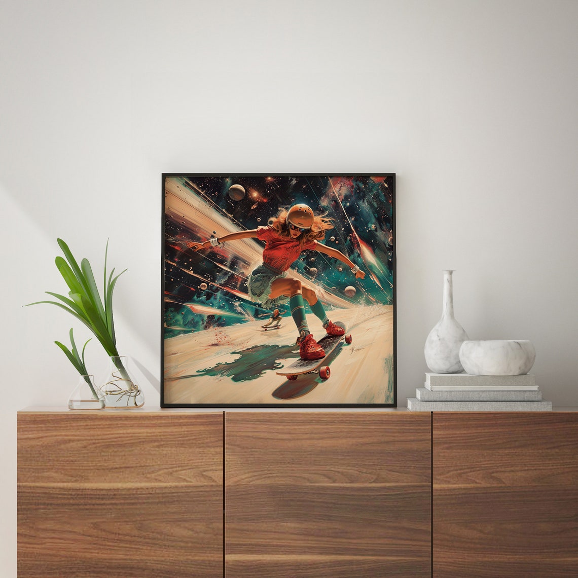 Woman Skateboarding Through Space Vintage Cosmic Skater Art Poster - Image 3