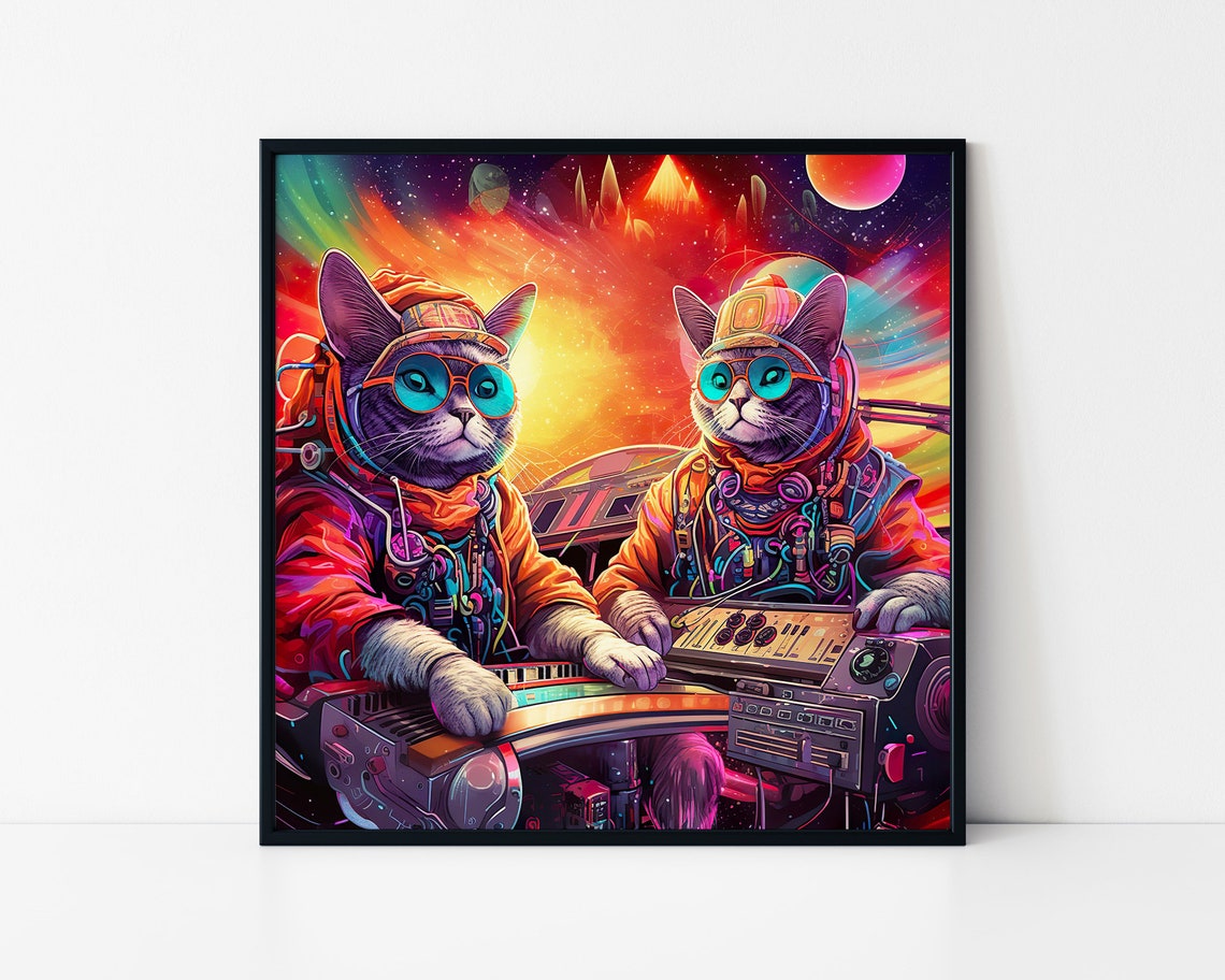 Astronaut Cats DJ Space Cosmic Kitty Music Party Fun Art Poster