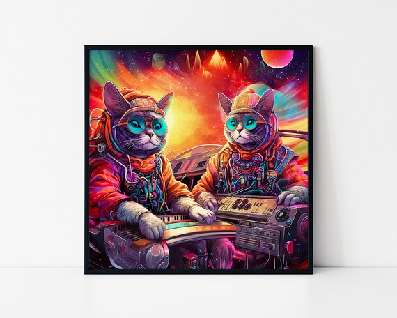 Astronaut Cats DJ Space Cosmic Kitty Music Party Fun Art Poster