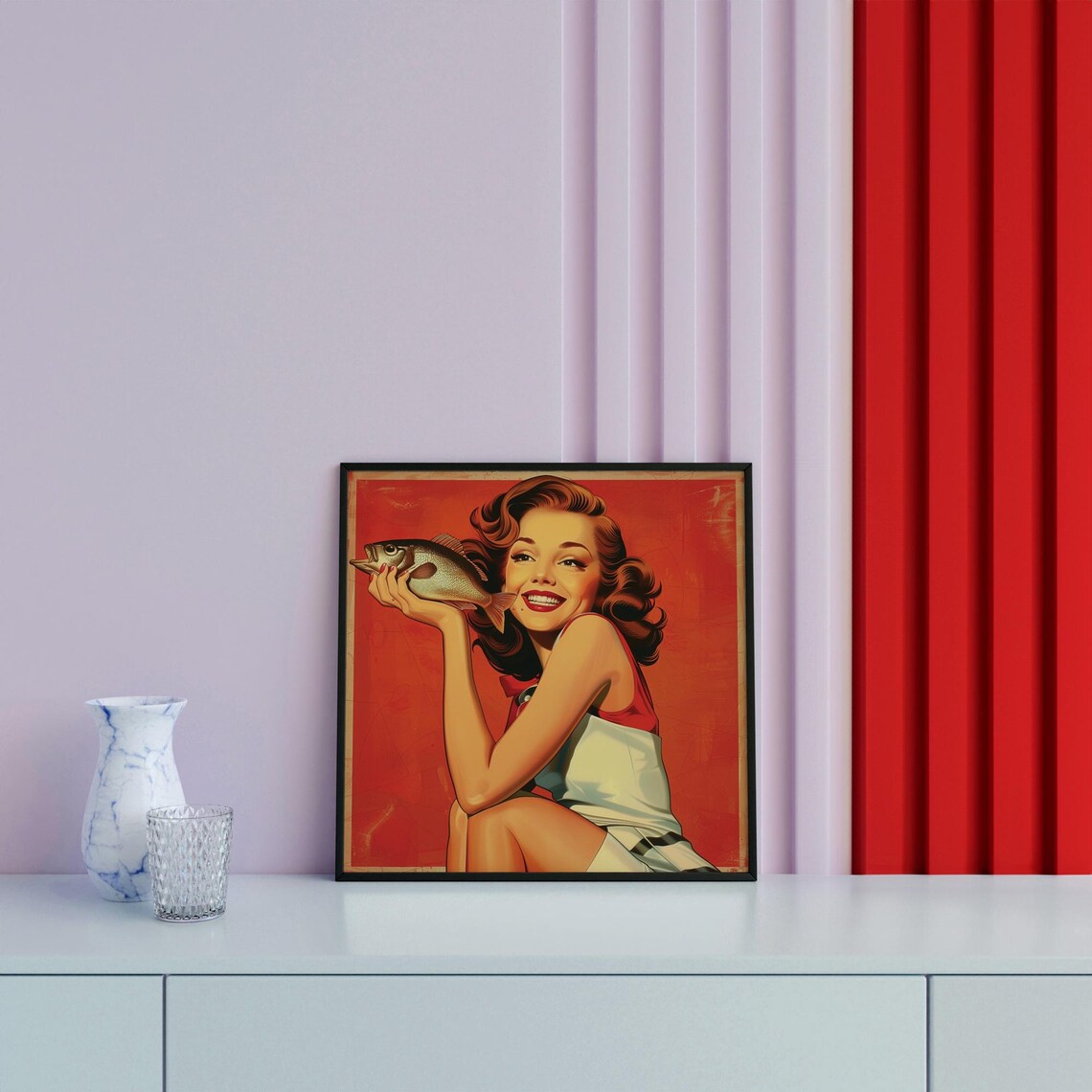 Vintage Pin Up Girl Holding Fish Retro Funny Fishing Humor Poster - Image 4