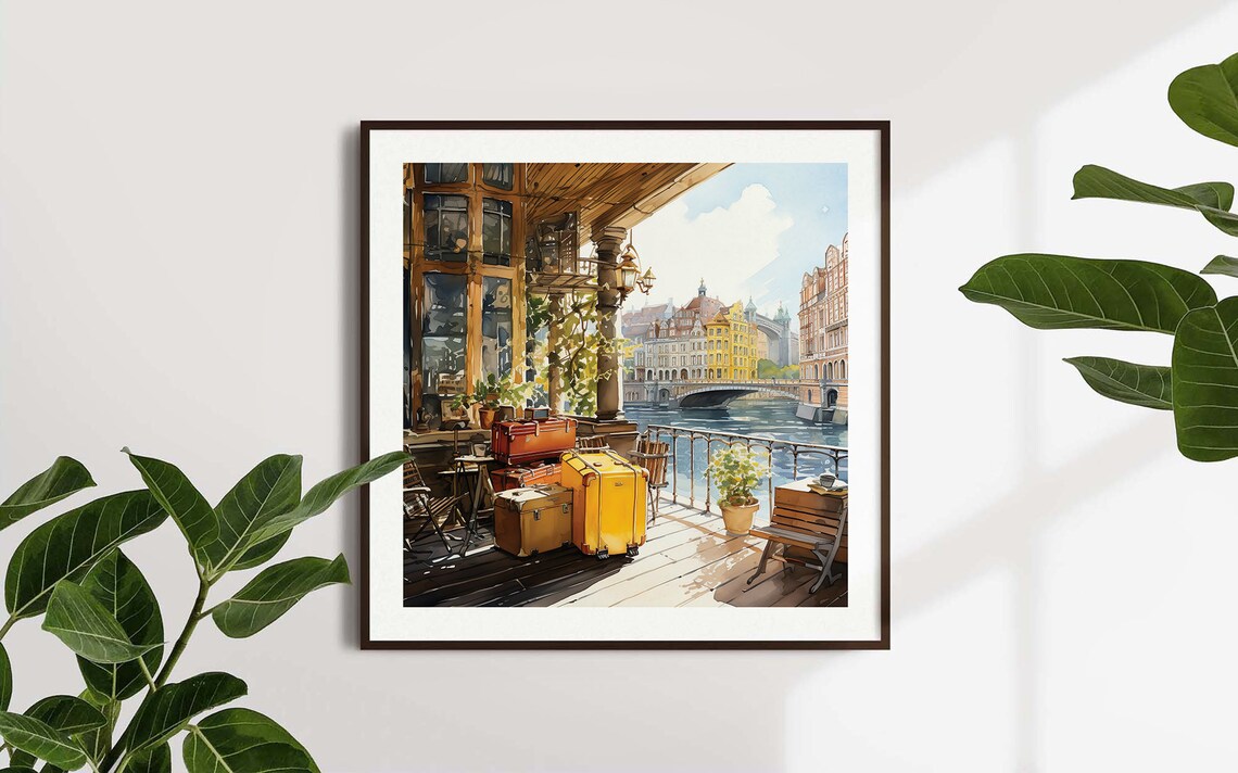 Watercolor City With Travelers Suitcases Framed Poster Cityscape River View Watercolor Poster Wall Art Watercolor Journey Poster - Image 5