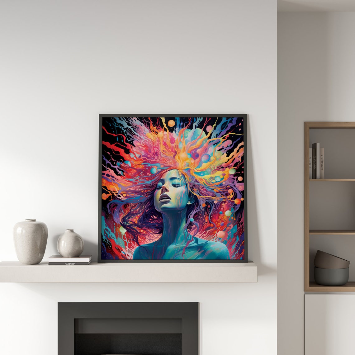 Serene Woman Face Dissolving Neon Cosmic Energy Surreal Wall Art - Image 5