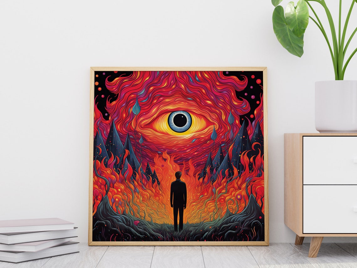 Man Standing In A Burning Psychedelic Forest Framed Poster Burning Eye Psychedelic Poster Psychedelic Wall Art Psychedelic Wildfire - Image 2