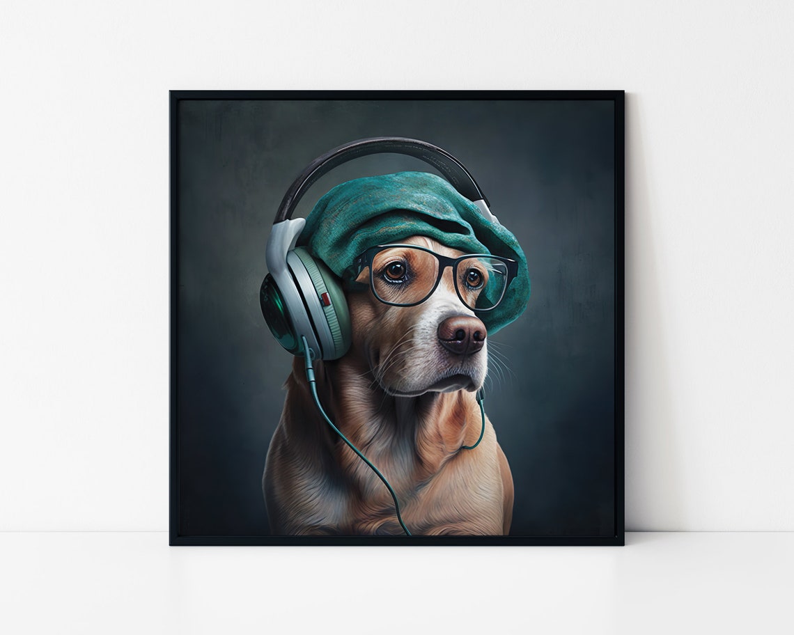 Portrait Of A Dog Wearing Hat Headphone And Glasses Framed Poster Portrait Of A Cool Dog Wall Hanging Dog Lovers Dog Listening To Music