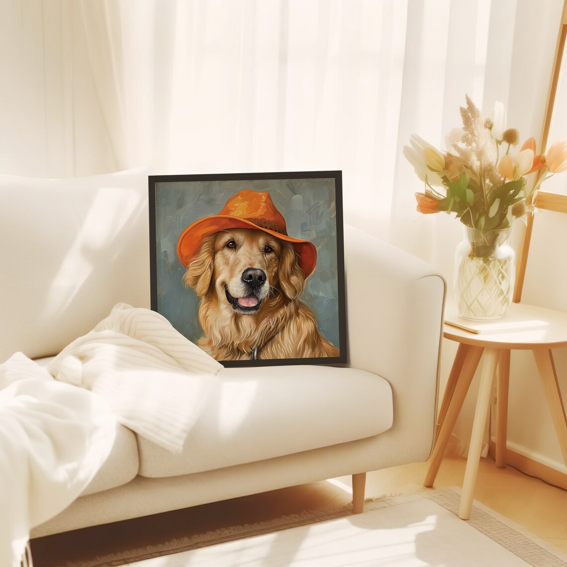 Golden Retriever Smiling Orange Hat Oil Painting Dog Portrait Poster - Image 2