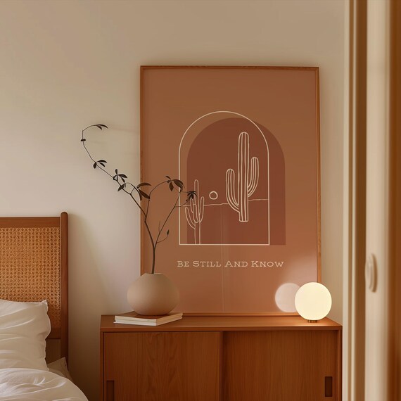 Be Still And Know Bible Verse Print Boho Christian Wall Art Burnt Orange Minimalist Scripture Poster Desert Landscape Cactus Western