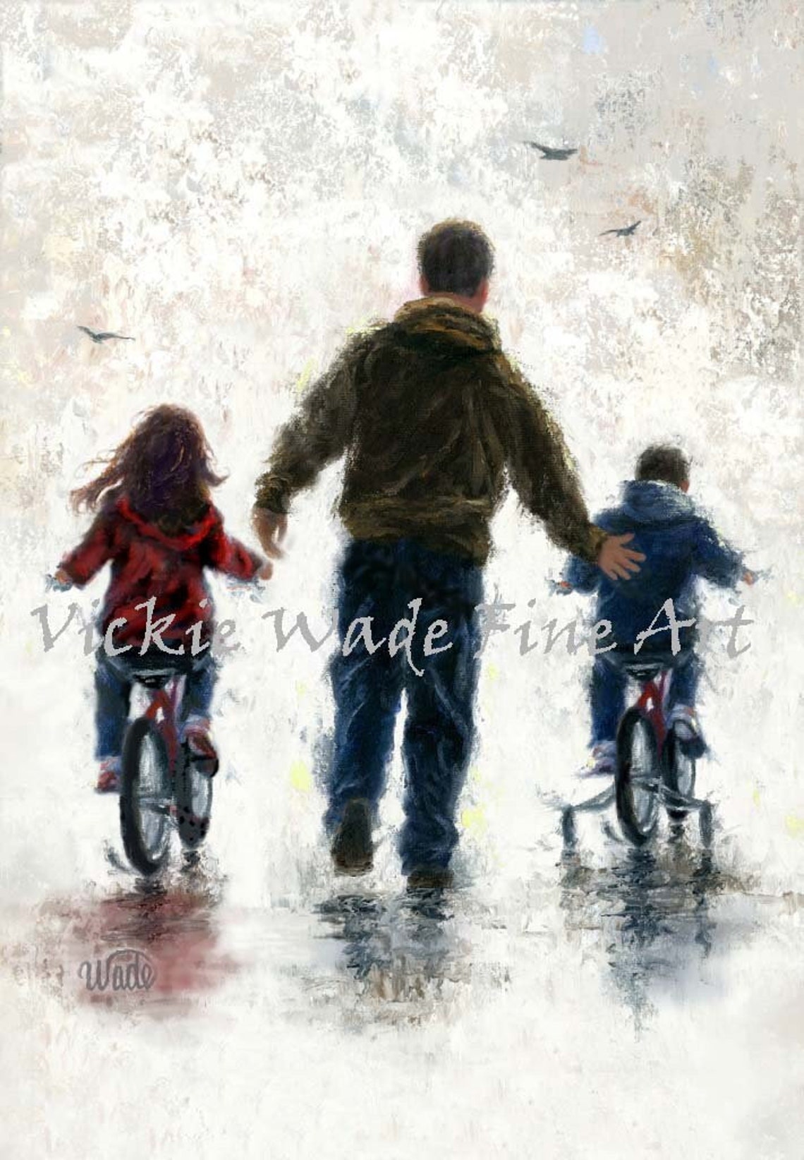Father Teaching Two Kids To Ride Bikes On A Misty Day Poster