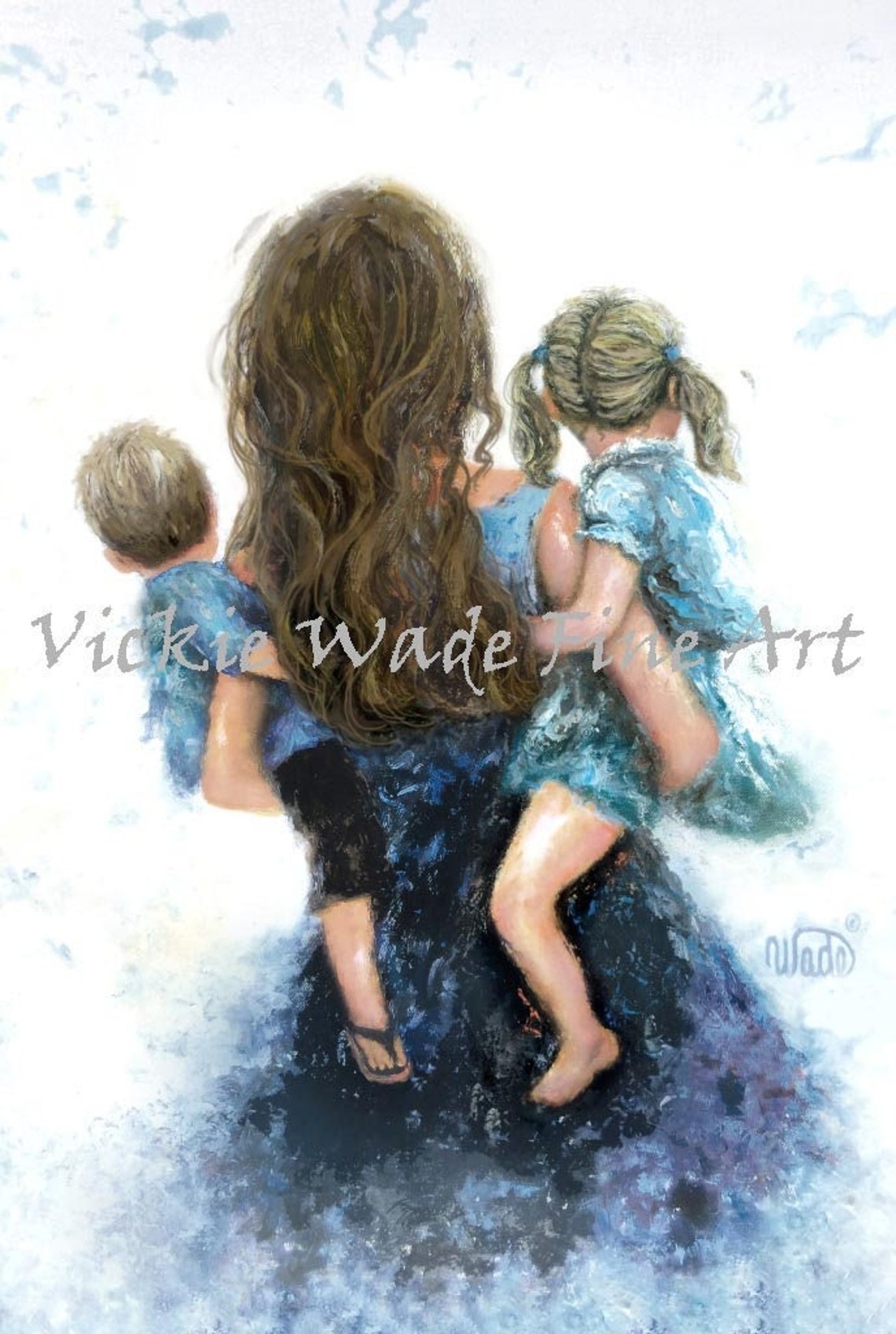 Mother Son And Daughter Art Print Blonde Girl And Boy Sister And Little Brother Blonde Mother Carrying Kids Gift For Mom Vickie Wade