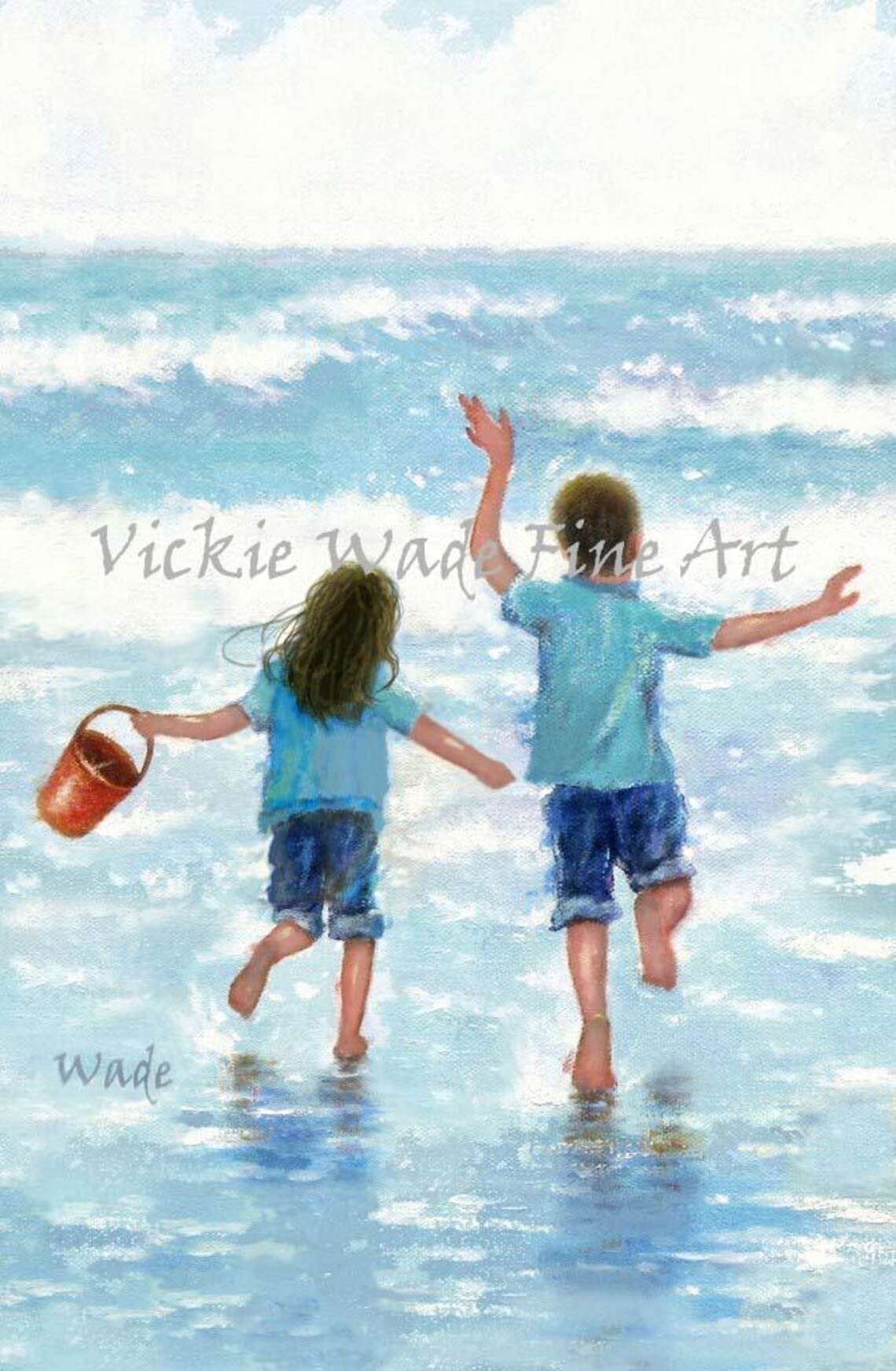 Brother and Sister Joyfully Running into the Ocean Waves Poster