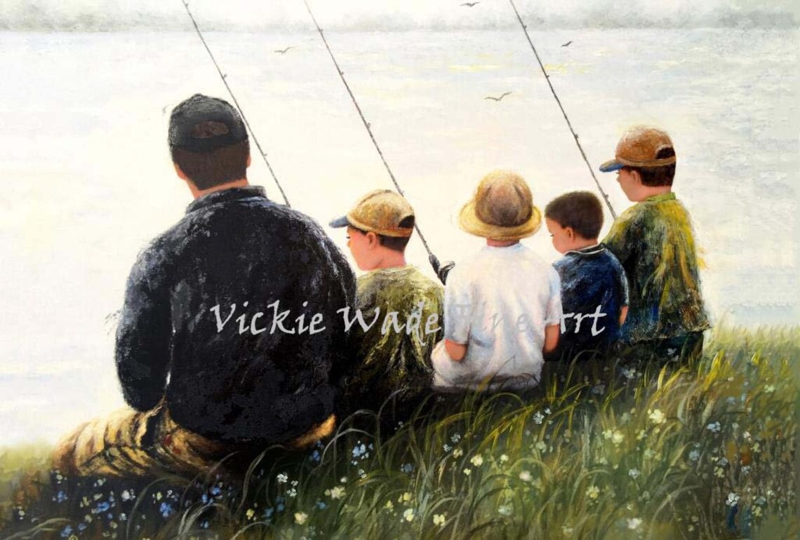 Father and Four Sons Fishing Together on a Lake Shore Poster