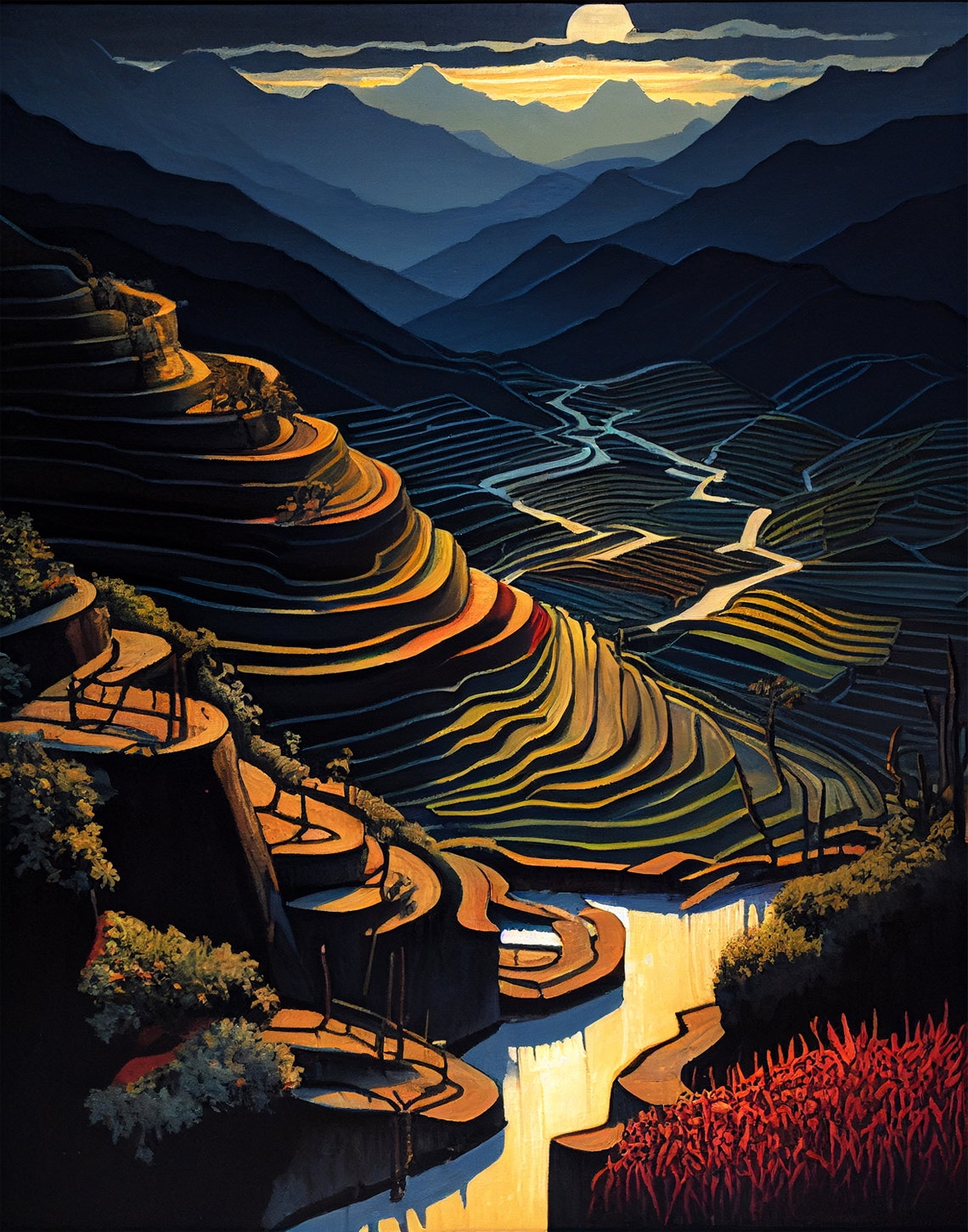 Sa Pa Terraced Rice Paddies Under Moonlight Night Vietnam Poster - Image 2