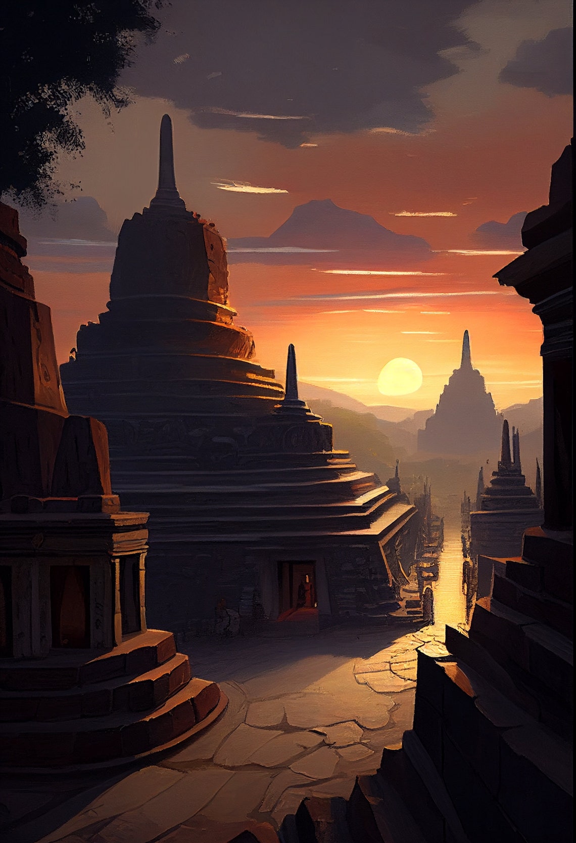 Borobudur Stupas Silhouetted at Golden Sunrise Palm Trees Poster - Image 2