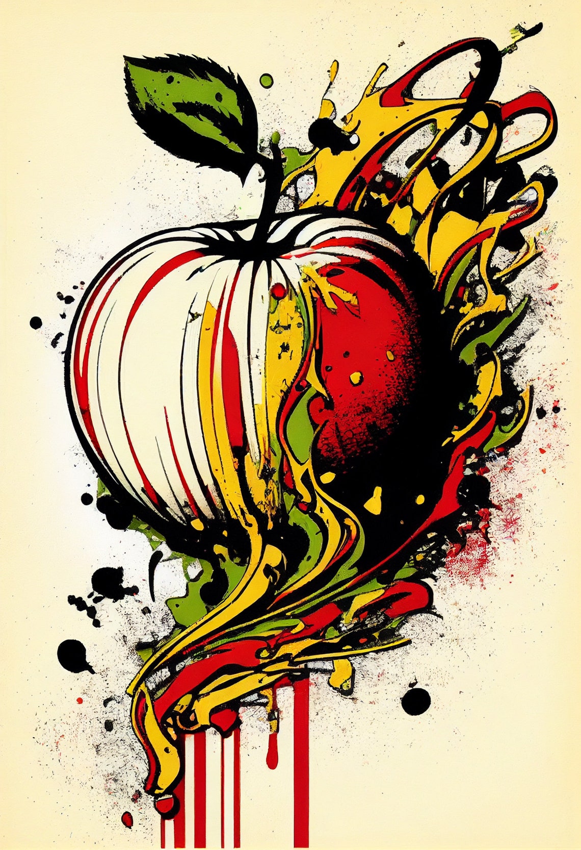 Pop Art Dripping Paint Apple in Bold Red and Yellow Cream Poster - Image 2