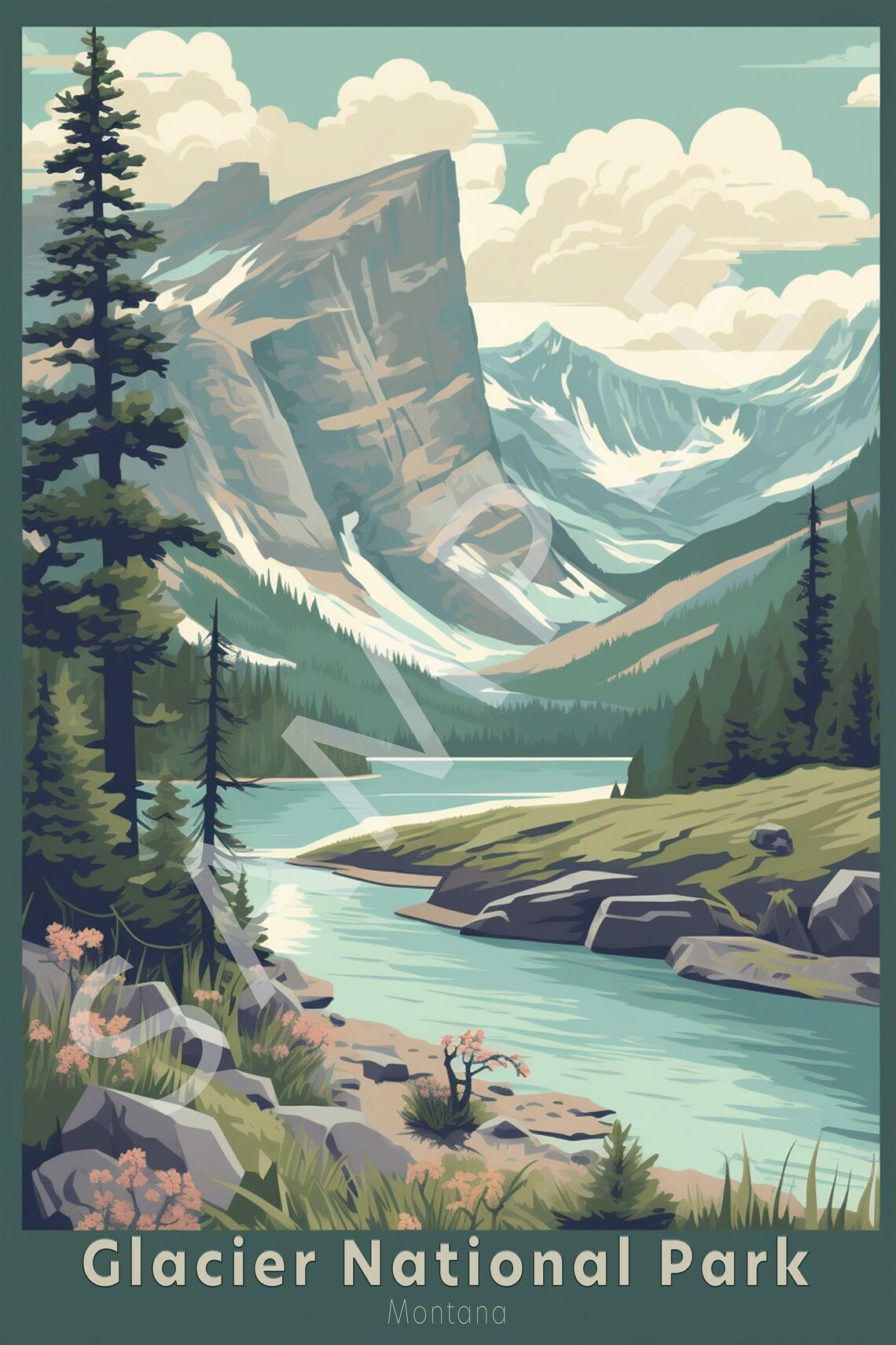 Glacier National Park Montana Mountain Lake Retro Travel Poster - Image 2