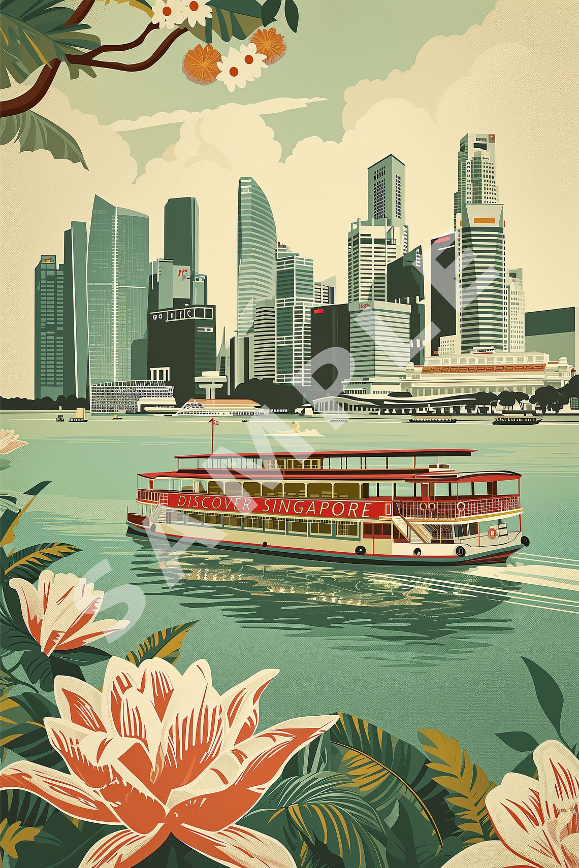 Discover Singapore River Boat Skyline Vintage Retro Travel Poster - Image 2