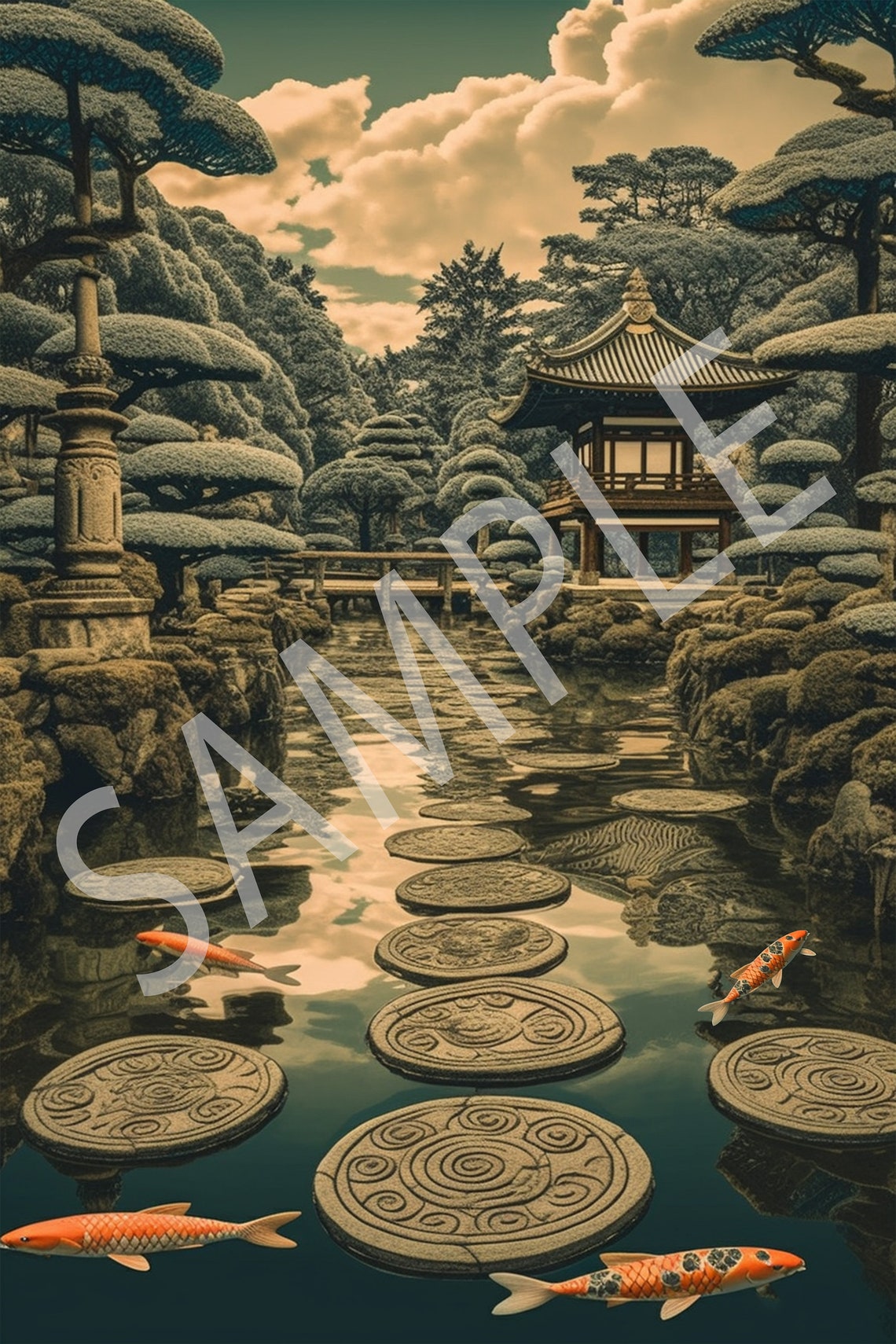 Japanese Garden Koi Pond With Stepping Stones Woodblock Poster - Image 2