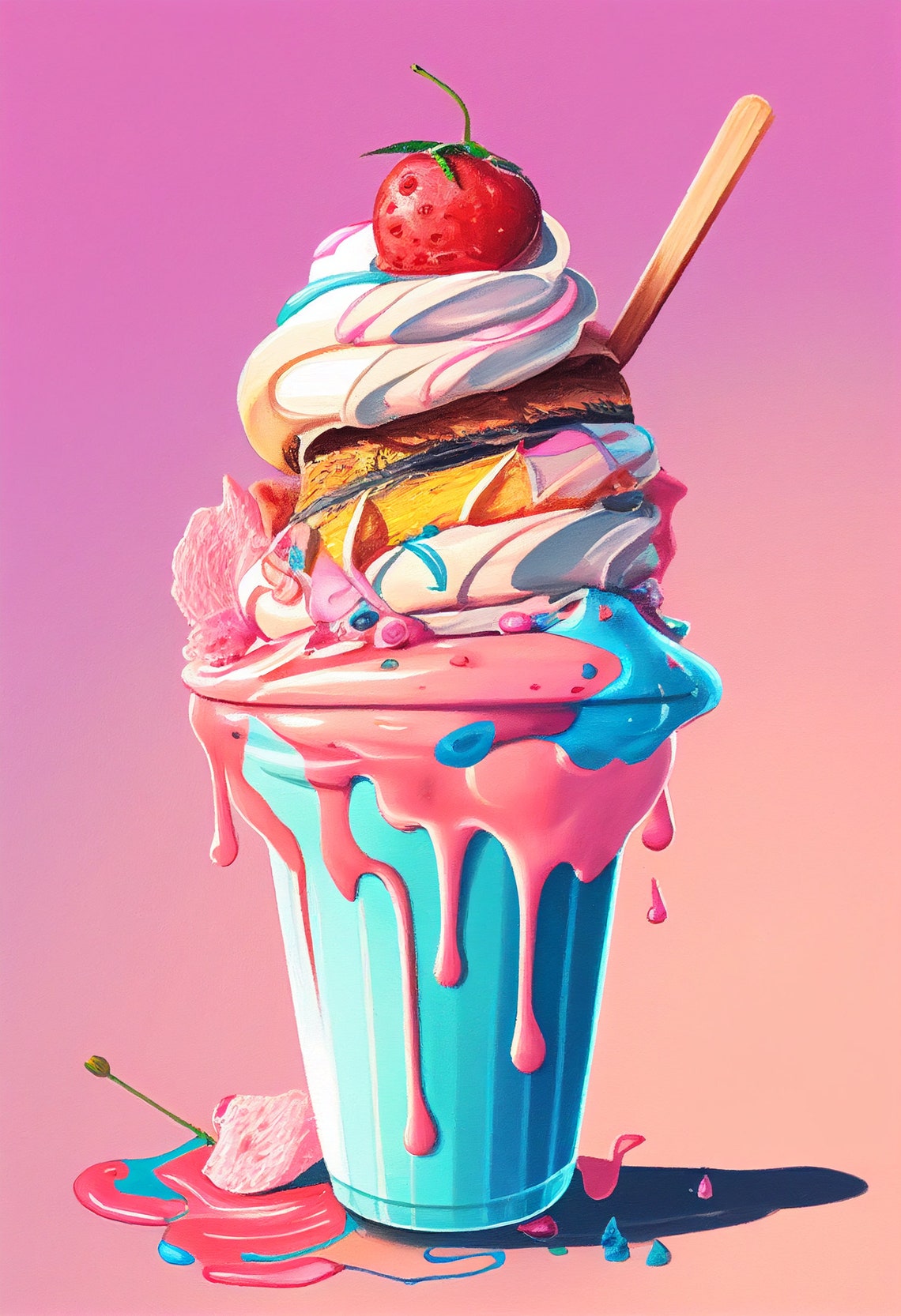 Pink And Blue Strawberry Sundae Milkshake Dessert Art Poster - Image 2