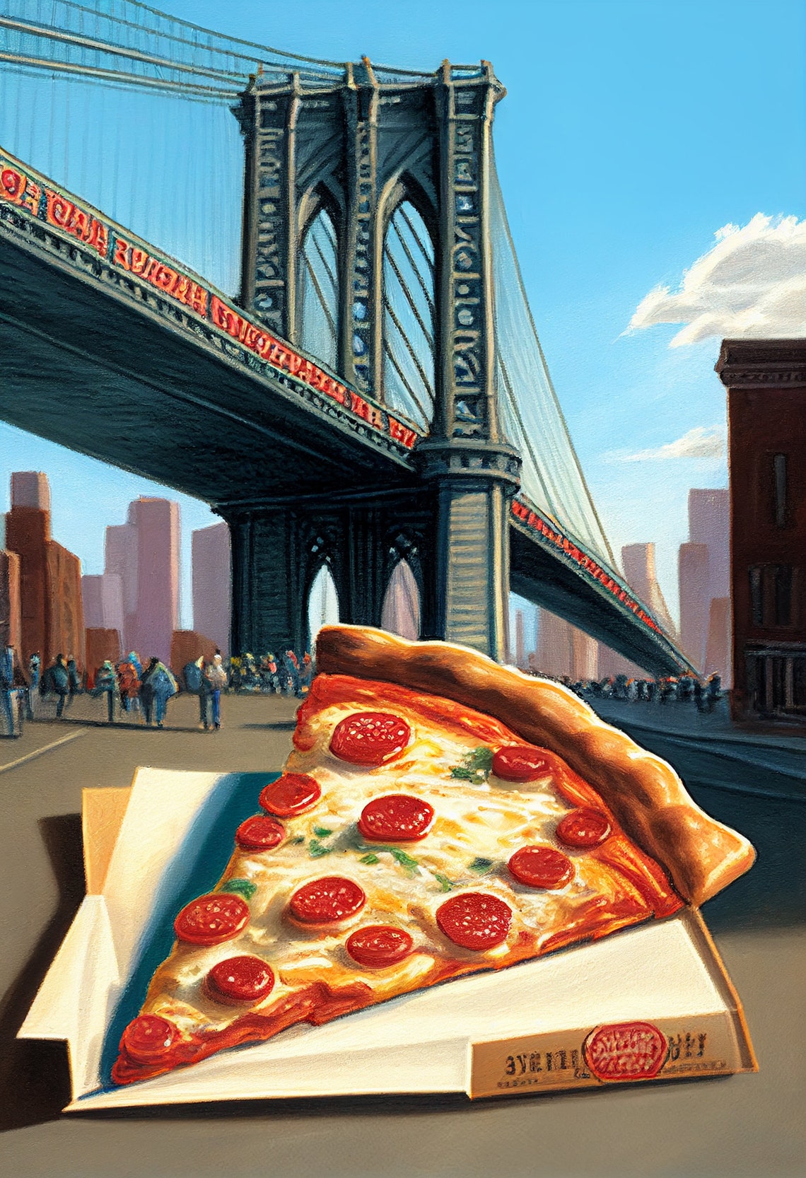 New York Pizza Slice Before Brooklyn Bridge Daytime Art Poster - Image 2