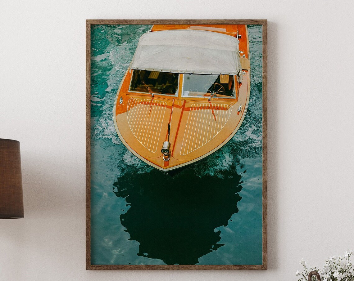 Classic Orange Wooden Speedboat Overhead Turquoise Water Poster