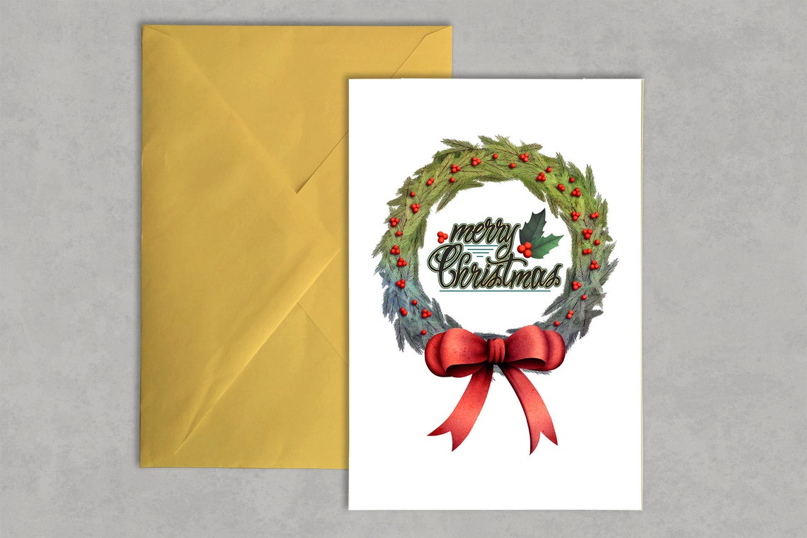 Merry Christmas Pine Wreath with Red Bow Card Poster Holiday Art