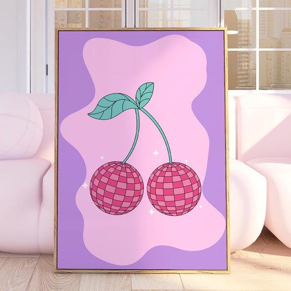 Retro Cherry Disco Ball Print Trendy Wall Art Pink Gallery Cute Home Decor Poster Maximalist 2852