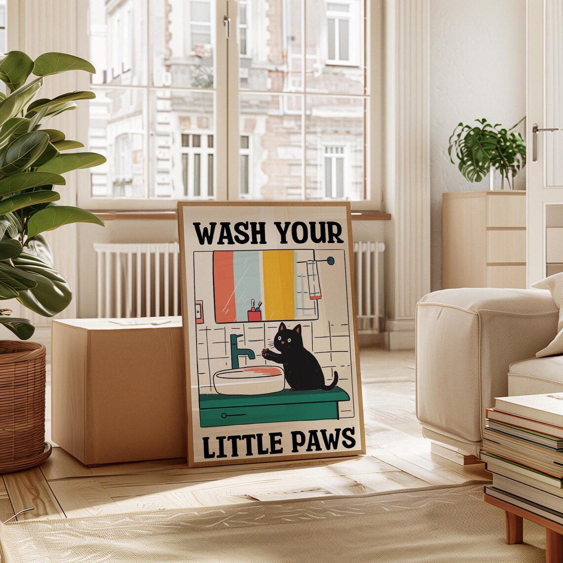 Wash Your Little Paws Funny Black Cat Retro Bathroom Art Poster - Image 2