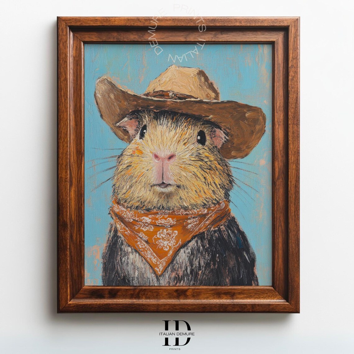 Whimsical Cowboy Guinea Pig Portrait Oil Painting With Orange Bandana Print