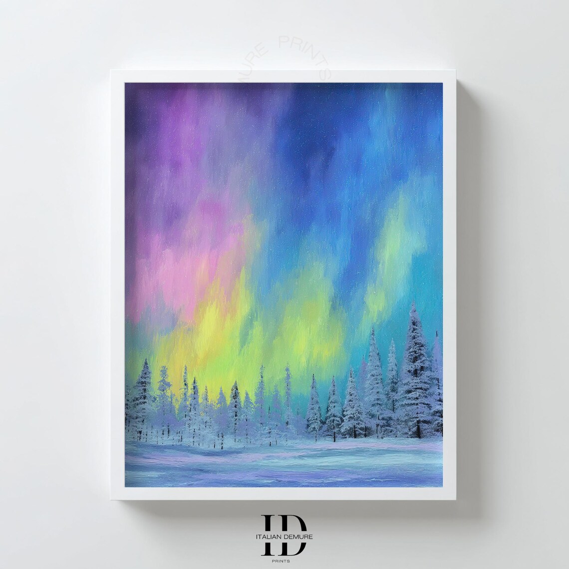 Northern Lights Over Snowy Pines Winter Aurora Borealis Art Poster