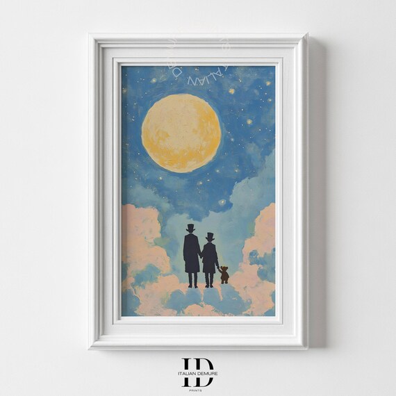 Whimsical Moonlit Sky Art Print Father Child Silhouette Dreamy Starry Night Surreal Fantasy Wall For Home