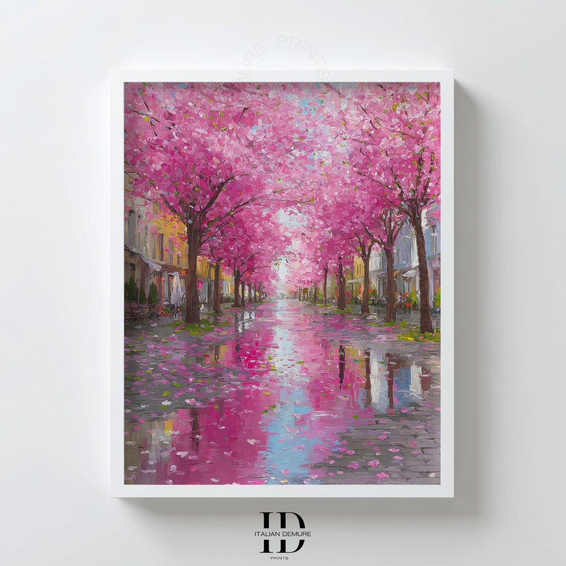 Cherry Blossom Street Pink Spring Blooms Rainy Reflection Poster