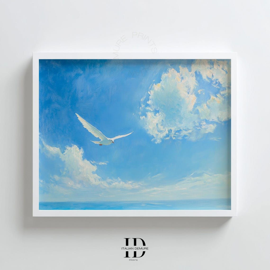 Soaring White Seagull Bright Blue Sky Ocean Cloudscape Art Poster