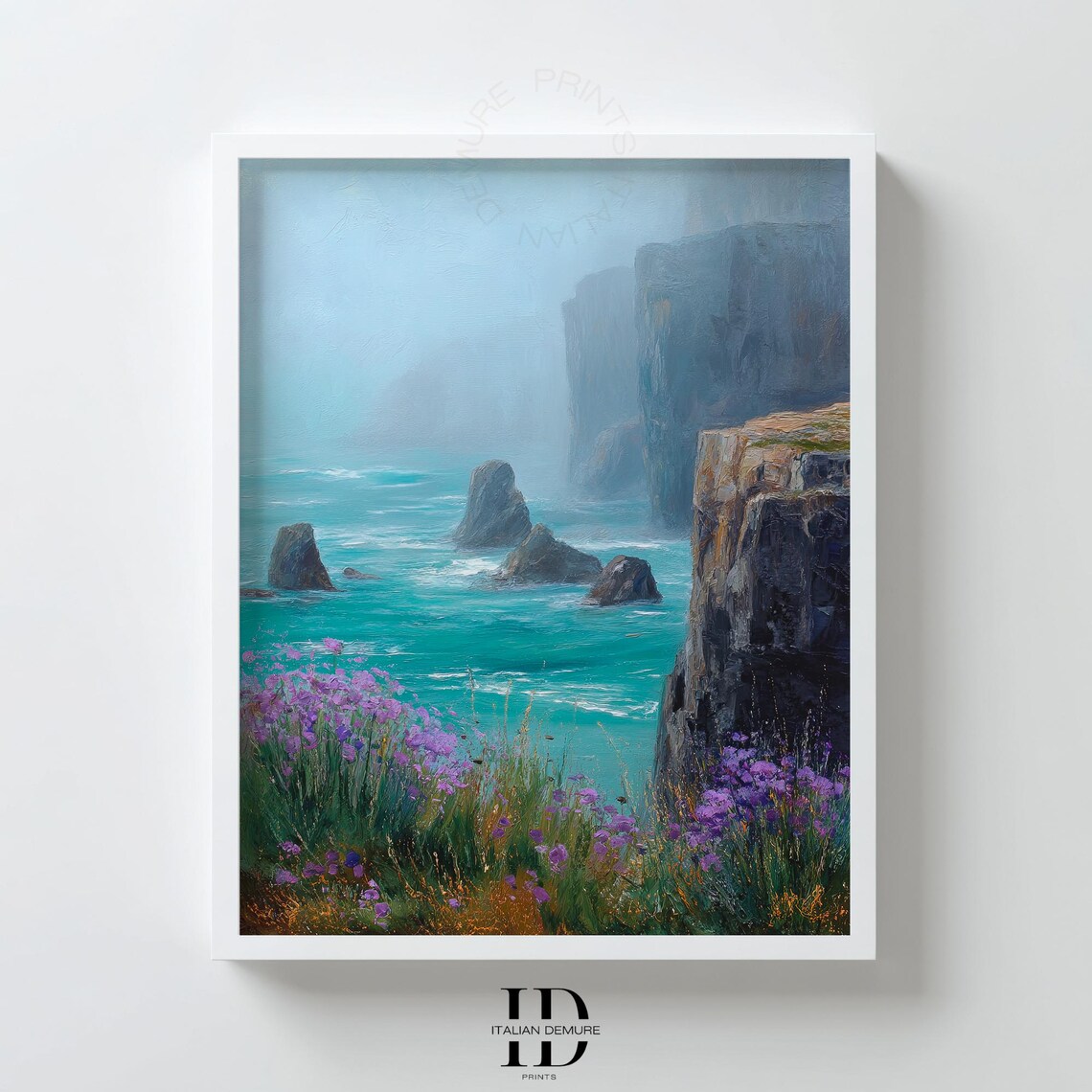 Misty Coastal Cliff With Wildflowers Seascape Painting Poster