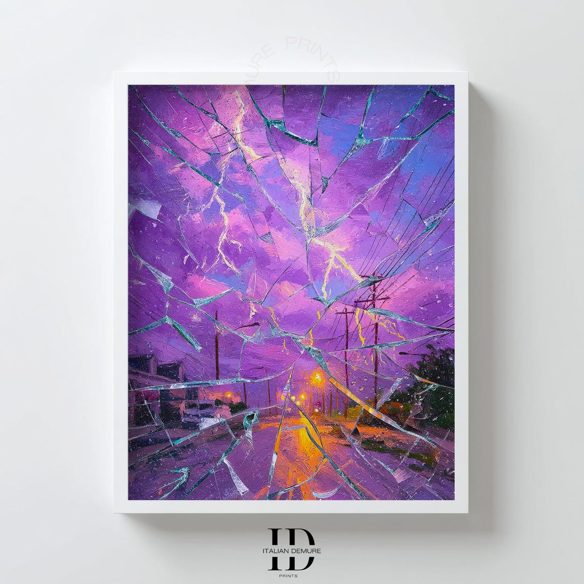 Purple Lightning Storm Street View Through Shattered Glass Poster