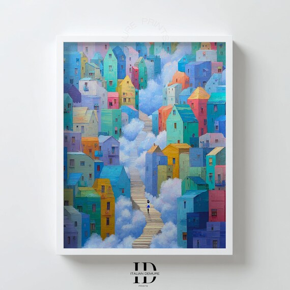 Colorful Dreamscape Wall Art Surreal City Print Pastel Cloud Stairway Poster Whimsical Fantasy Houses Urban Illustration