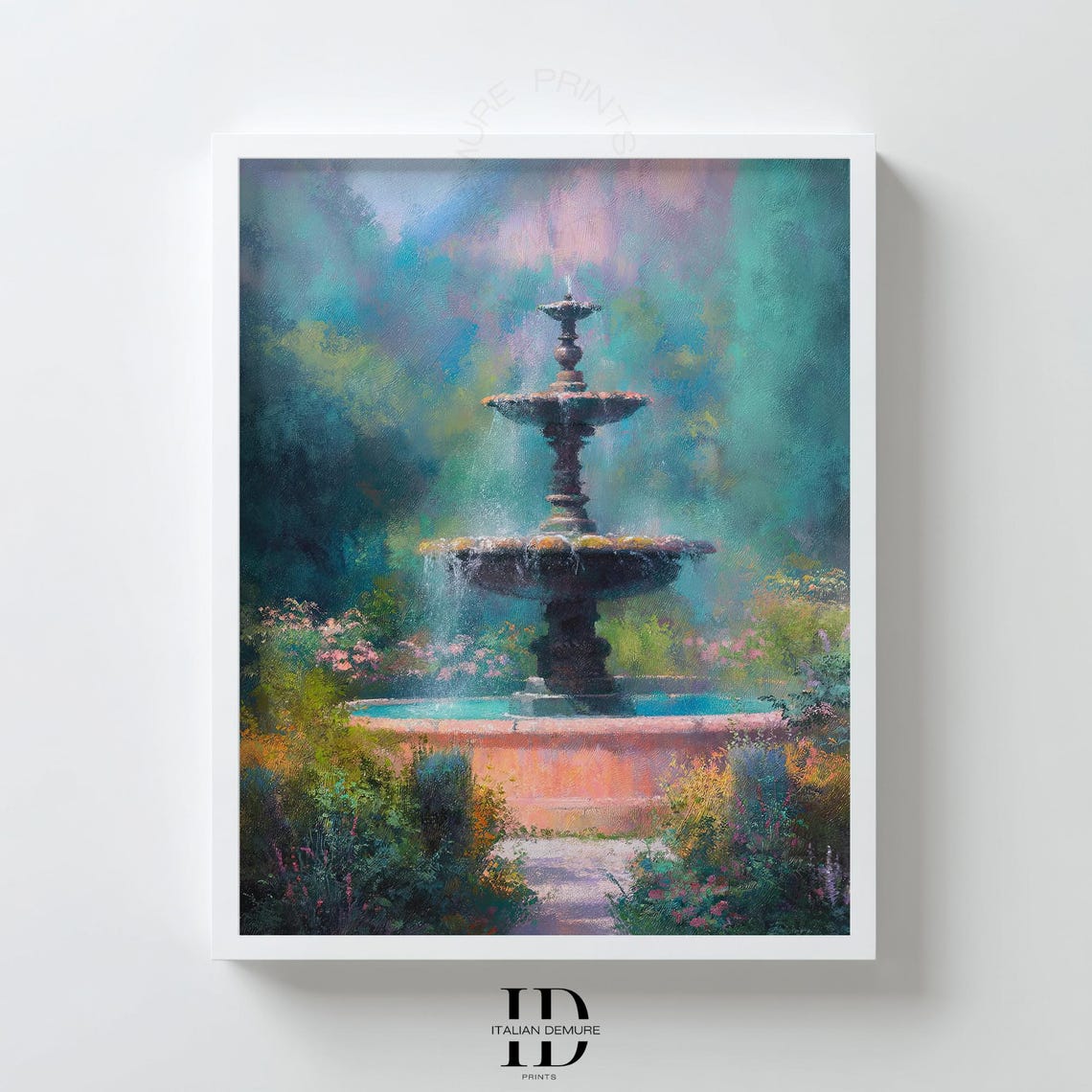 Romantic Garden Fountain Surrounded by Blooming Flowers Art Print