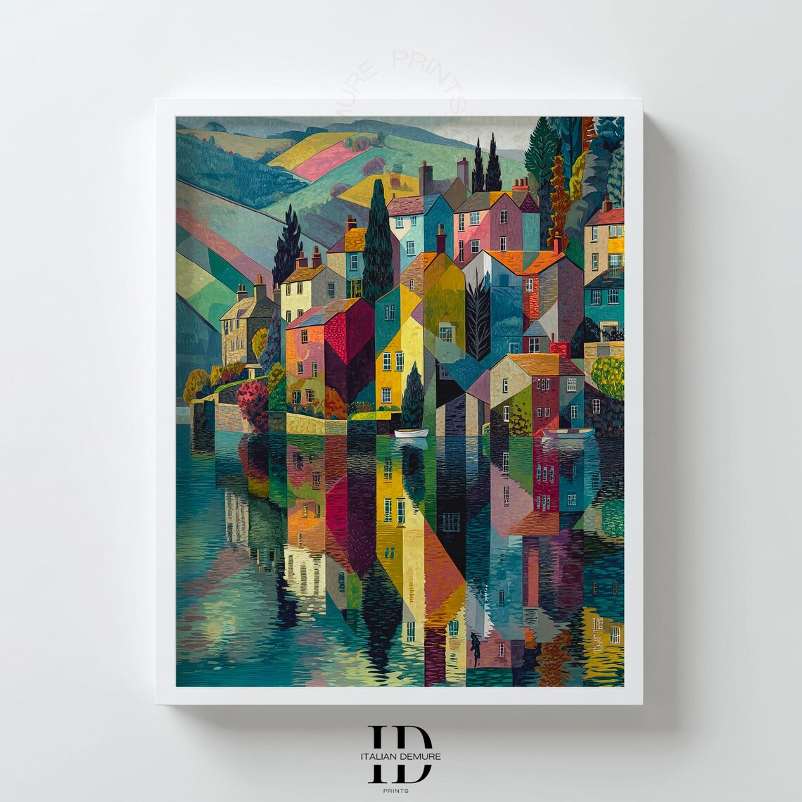 Geometric Village Houses Water Reflection Colorful Art Print