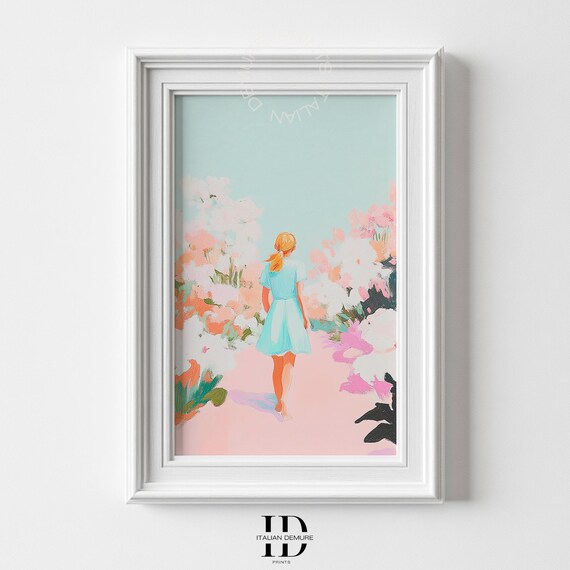 Woman In Blue Dress Walking Through Pink Flower Garden Poster