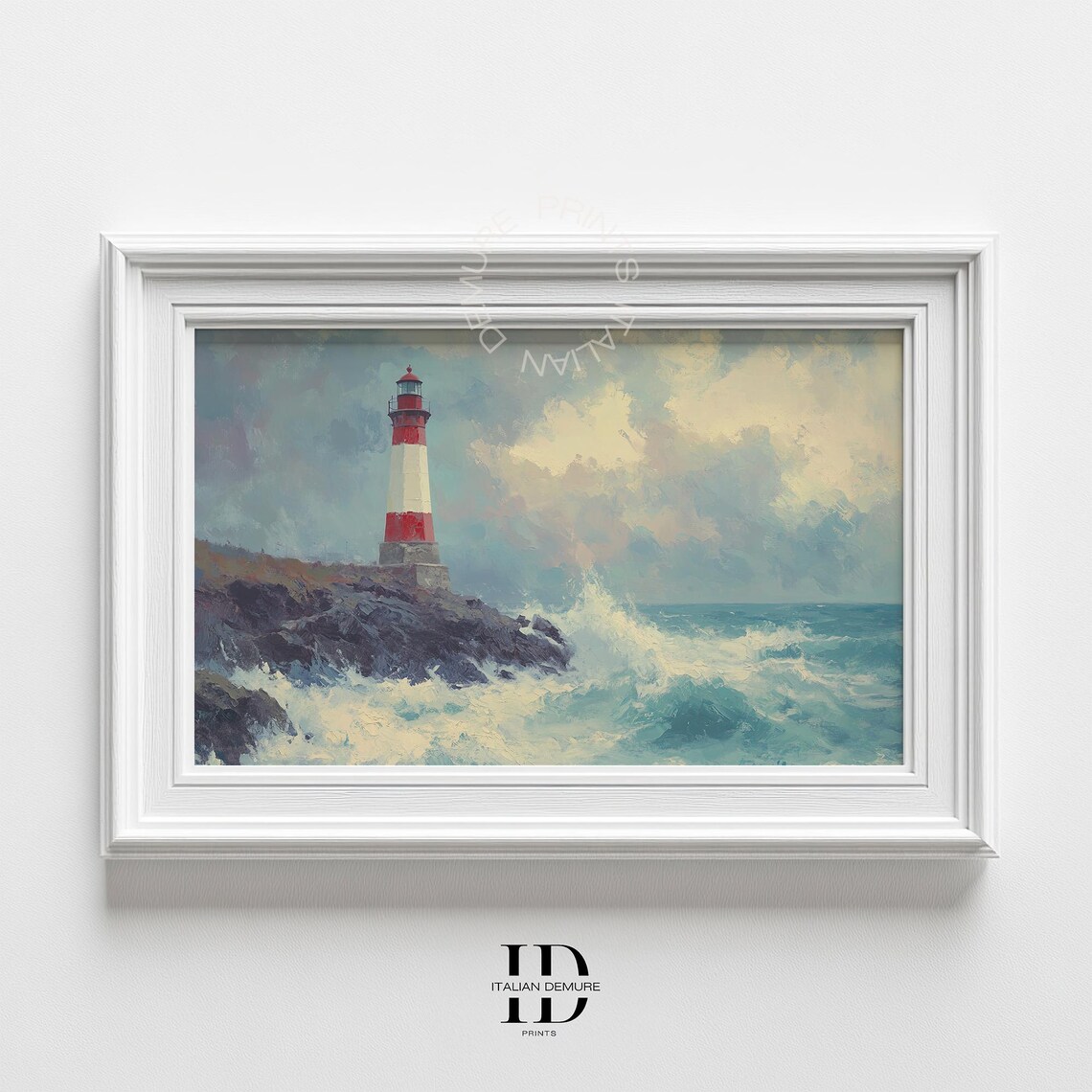 Stormy Lighthouse On Rocky Cliffs Crashing Waves Coastal Oil Style Poster