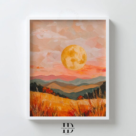 Golden Moon Over Mountains Warm Sunset Landscape Painting Print Terracotta Peach Sky Modern Boho Wall Art Poster