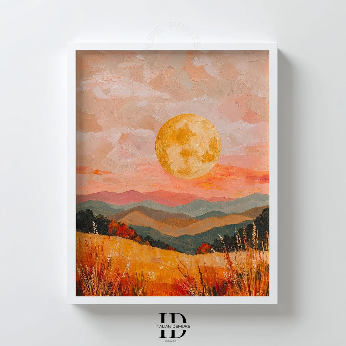 Golden Full Moon Over Layered Mountains Terracotta Sunset Poster