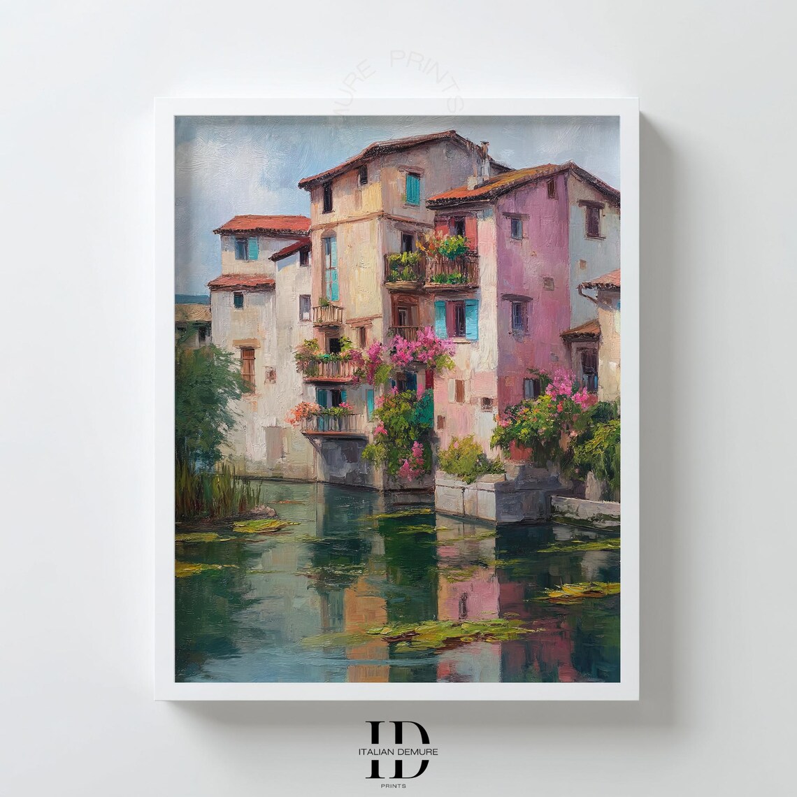 Italian Village Canal Houses Flower Balconies Romantic Water Art Print