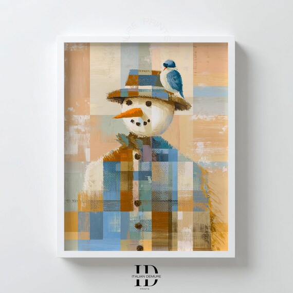 Plaid Snowman Wall Art With Bluebird Rustic Winter Print Cozy Farmhouse Christmas Decor Patchwork Illustration Poster